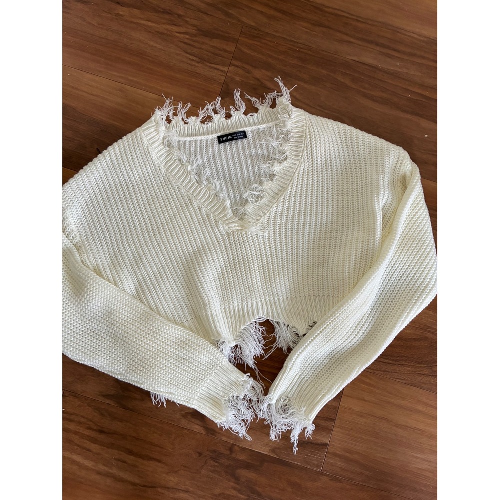 SHEIN White Distressed Cropped V-Neck Ribbed Knit Sweater Frayed Hem Edgy Boho M